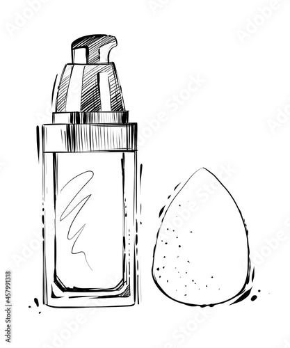 Makeup foundation and beauty sponge, hand drawn vector illustration, monochrome