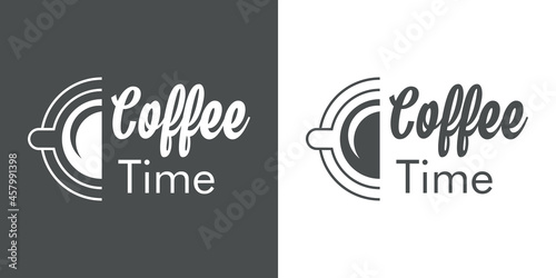 Logotipo con texto manuscrito Coffee Time con silueta de media taza de café con lineas en fondo gris y fondo blanco
