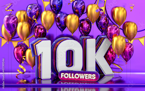 Fotografie 10k followers celebration, thank you social media banner with purple and gold ba