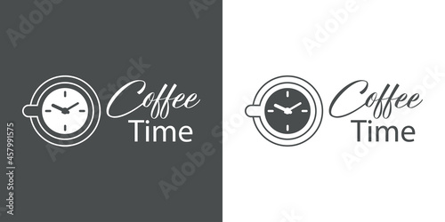 Logotipo con texto manuscrito Coffee Time con silueta de taza de café con esfera de reloj con lineas en fondo gris y fondo blanco