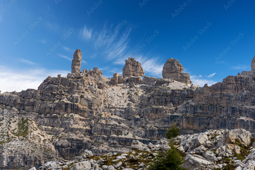 Mountain ridge of Monte Paterno or Paternkofel (2744 m.), natural park of Tre Cime di Lavaredo or Drei Zinnen, Sesto Dolomites, UNESCO world heritage site, Veneto, Trentino-Alto Adige, Italy, Europe.
