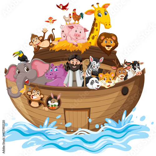 Fototapeta Naklejka Na Ścianę i Meble -  Noah's Ark with Animals on water wave isolated on white background