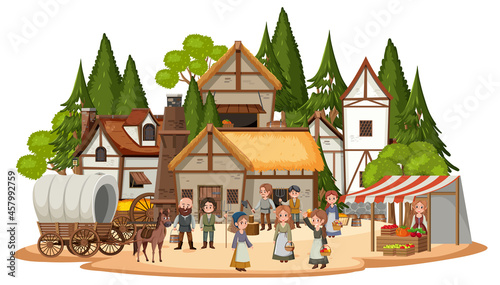 Medieval village with villagers on white background