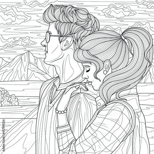 Girl hugs a guy in the mountains.
Couple in love. Coloring book anti stress for children and adults. Illustration isolated on white background. Zen-tangle style. Hand draw
