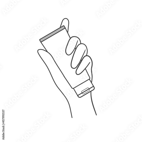 Hand holds a tube of cream. Vector illustration isolated on white background