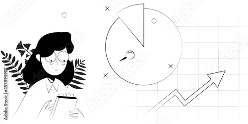 girl with notebook and chart up. business concept. vector illustration