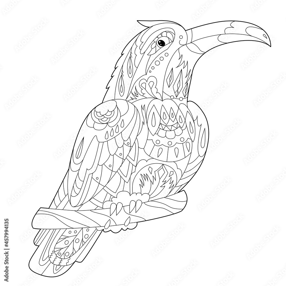 Fototapeta premium Contour linear illustration for coloring book with decorative toucan. Beautiful tropic bird, anti stress picture. Line art design for adult or kids in zen-tangle style, tatoo and coloring page.
