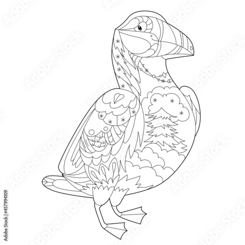 Contour linear illustration for coloring book with decorative puffin. Beautiful predatory  bird,  anti stress picture. Line art design for adult or kids  in zen-tangle style, tatoo and coloring page.