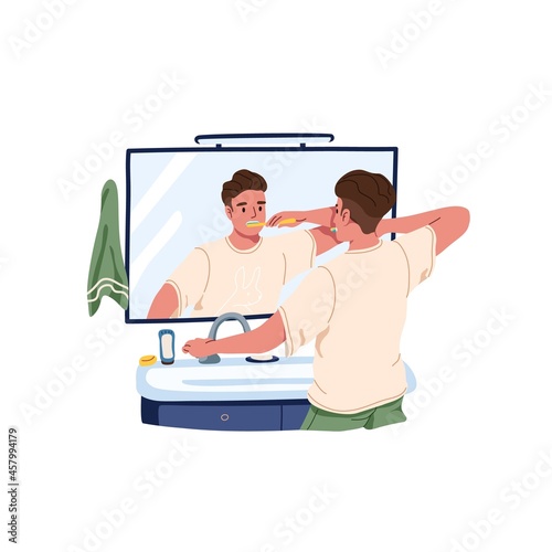 Person brushing his teeth with toothbrush in front of mirror in bathroom. Man clean mouth with brush. Toothbrushing, oral hygiene concept. Flat vector illustration isolated on white background