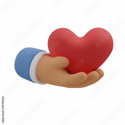 3d icon red heart in hand. Vector cartoon arm holding gesture. Realistic illustration of donation, love or charity for social media