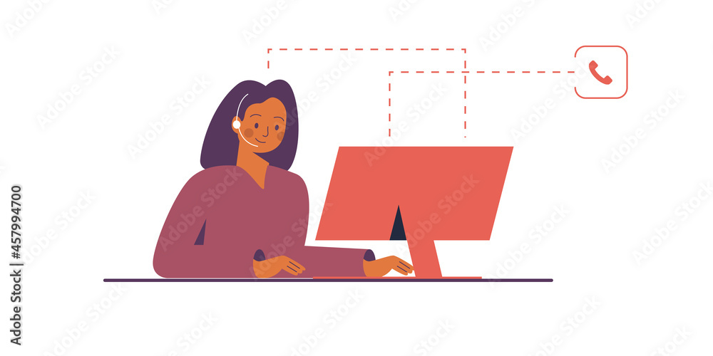 Customer service. Woman with headphones and microphone with laptop or PC. Concept illustration for support, assistance, call center. Vector illustration in flat style