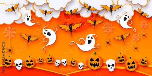 Happy Halloween. Jack  O Lantern  bats  ghosts  spiders and skulls in spooky night with full moon 3D illustration