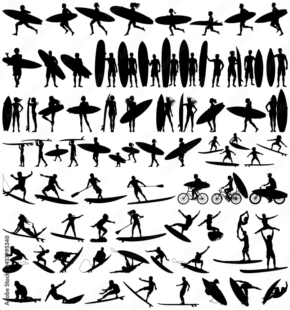 Surfboard riders man  woman and child surfing silhouettes vector collection