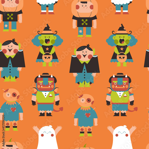 Kids in Halloween costumes vector seamless pattern background for wallpaper, wrapping, packing, and backdrop. © Roi_and_Roi