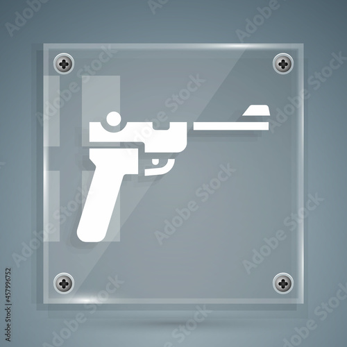 White Mauser gun icon isolated on grey background. Mauser C96 is a semi-automatic pistol. Square glass panels. Vector
