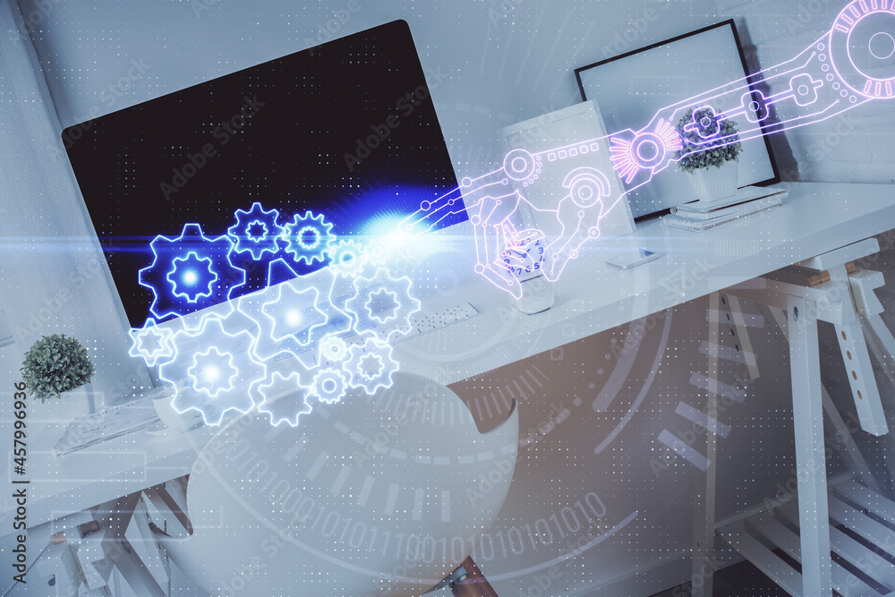 Fototapeta premium Multi exposure of data theme drawing and office interior background. Concept of technology.