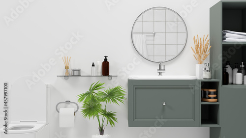Scandinavian bathroom interior style with modern green cabinet and shelves over white wall