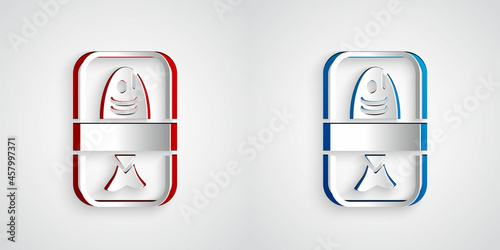 Paper cut Fish plastic tray container with cellophane cover icon isolated on grey background. Paper art style. Vector