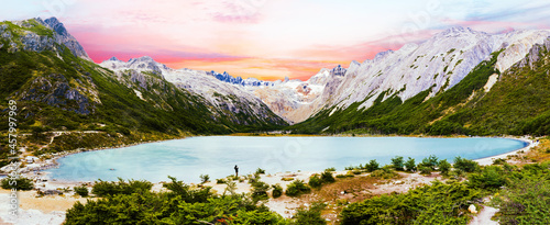  Sunset over Laguna Esmeralda lake in Tierra del Fuego