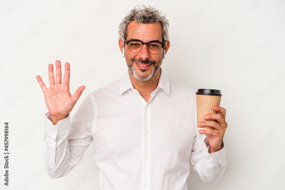 Middle age business man holding a take away coffee isolated on white background smiling cheerful showing number five with fingers. Middle age business man holding a take away coffee isolated on white background smiling cheerful showing number five with fingers.