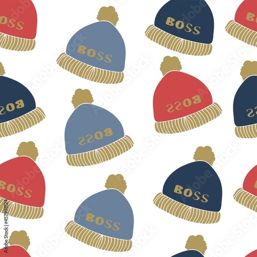 Warm hats seamless pattern on white background