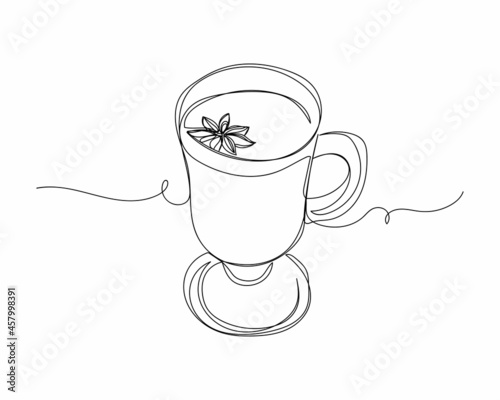 Continuous one line drawing of christmas mulled wine in silhouette on a white background. Linear stylized.
