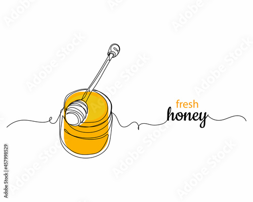 Continuous one line drawing of fresh bottled honey with spoon with text in silhouette on a white background. Linear stylized.