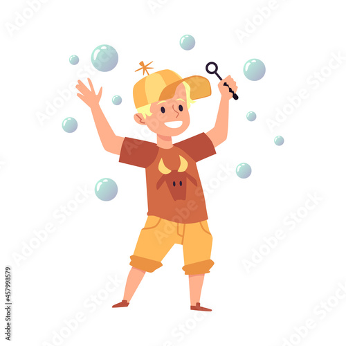 Smiling boy standing blowing soap bubbles, flat vector illustration isolated.