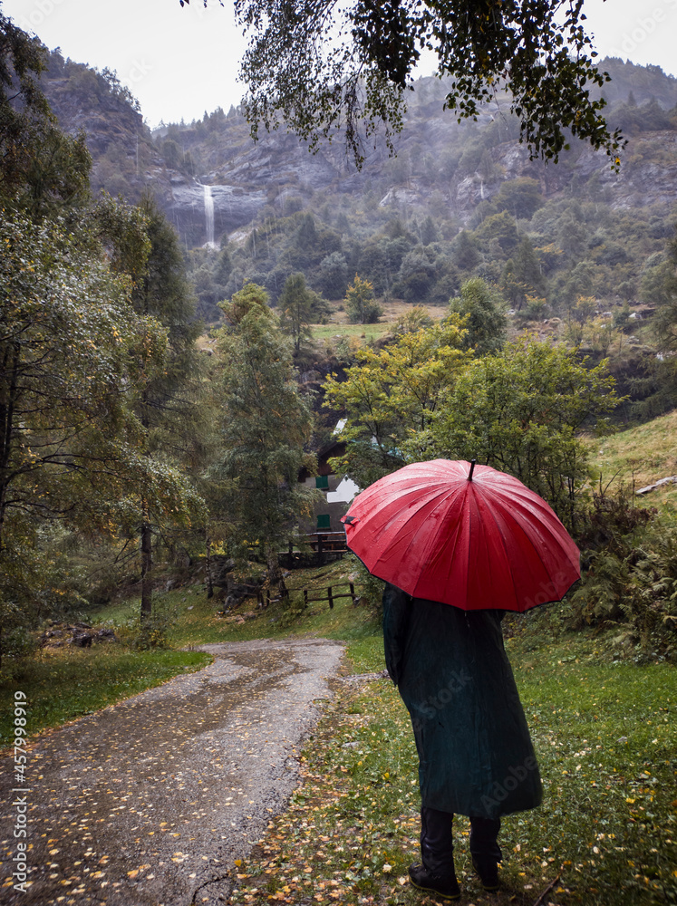 Man with an umbrella under a rainy day in a forest