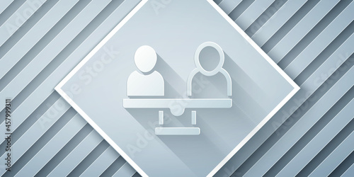 Paper cut Gender equality icon isolated on grey background. Equal pay and opportunity business concept. Paper art style. Vector