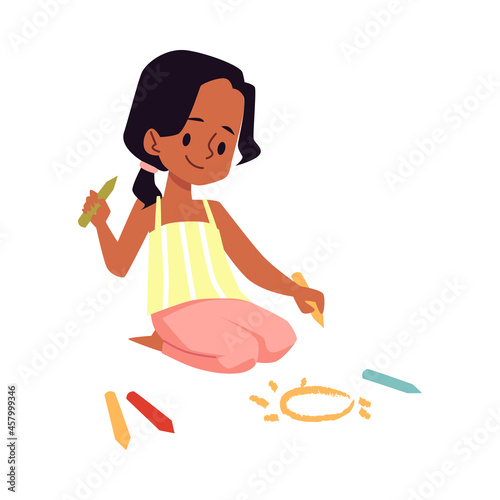 Cute creative child girl drawing with crayons flat vector illustration isolated.