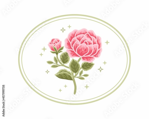 Vintage vector feminine logo design template in trendy minimal style. Pink rose bud, peony flowers and botanical leaf branch. Emblem, symbols and icons for cosmetics, beauty and handmade product