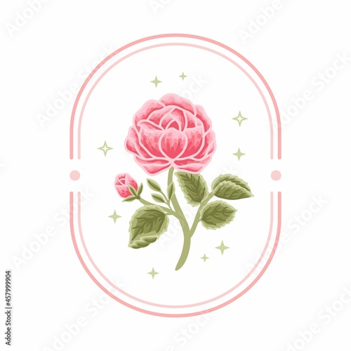 Vintage vector feminine logo design template in trendy minimal style. Pink rose bud, peony flowers and botanical leaf branch. Emblem, symbols and icons for cosmetics, beauty and handmade product