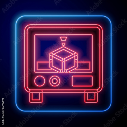 Glowing neon 3D printer icon isolated on black background. 3d printing. Vector