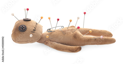 Fotografiet Voodoo doll with pins isolated on white