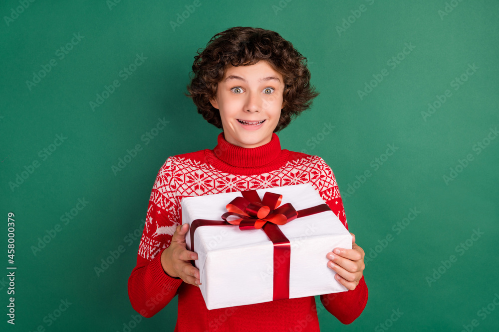 Photo of excited amazed boy hold present box wear deer ornament pullover isolated green color background Photo of excited amazed boy hold present box wear deer ornament pullover isolated green color background