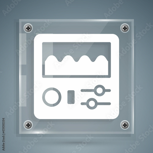 White Drum machine icon isolated on grey background. Musical equipment. Square glass panels. Vector