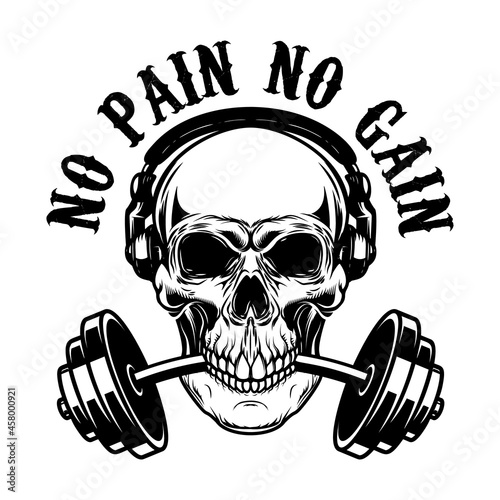 Skull with headphones and barbell in teeth. Vector illustration