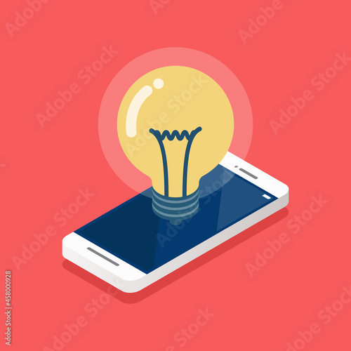 Lightbulb idea on the smartphone screen isometric