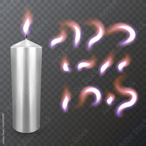 Realistic paraffin or wax burning candle and different flame of a candle, closeup isolated on transparency background. Design template, Vector illustration