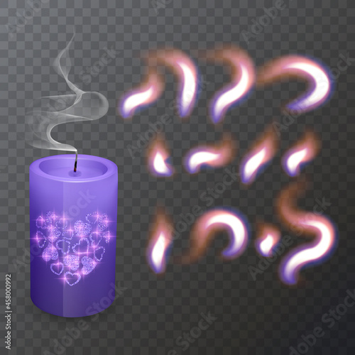 Realistic paraffin or wax burning candle and different flame of a candle, closeup isolated on transparency background. Design template, Vector illustration