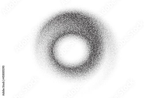Dotwork swirl abstract background. Black noise dots spin circle. Sand grain vortex twirl effect. Abstract noise swirl pattern. Black grain dots twirl element. Dotted vortex vector background photo