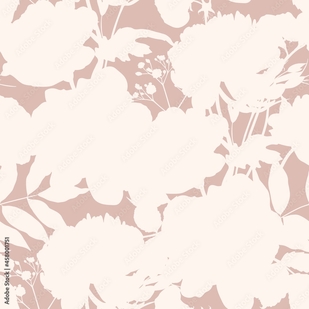 Line roses flower silhouette pattern , seamless repeatable texture wallpaper on beige background.