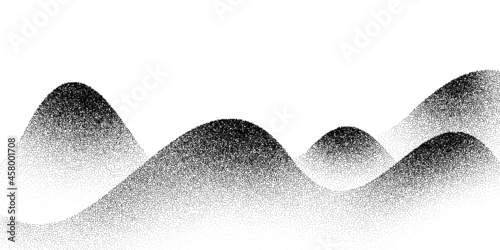 Dotwork mountain pattern vector background. Black noise stipple dots hills. Sand grain effect rock. Dots grunge banner. Abstract noise dotwork pattern. Stipple circles hills. Dotted mountain vector.