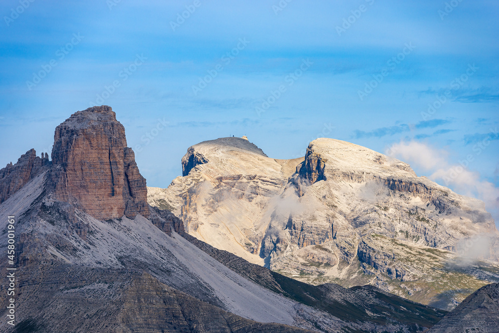 Peak of Croda dei Baranci or Birkenkofel and the Cima Piatta Alta (high flat top), and Torre dei Scarperi or Schwabenalpenkopf, Tre Cime di Lavaredo, Sesto Dolomites, Trentino-Alto Adige, Italy.