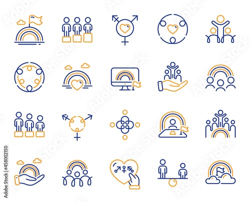 Equality, Equity and Diversity line icons. LGBT rights, Equal opportunities and respective needs icons. Inclusion, culture equity and LGBT pride flag. Diverse people equality, Gender symbol. Vector
