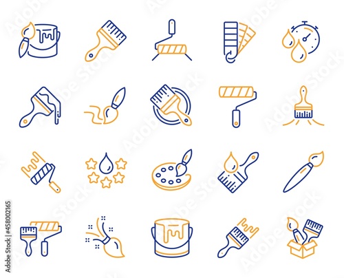 Paint brushes line icons. Color palette, Paint tin or bucket, Roller tool. Pantone samples, Dye quality, Creative art brush line icons. Finishing work, Painter tool and Dye color palette. Vector