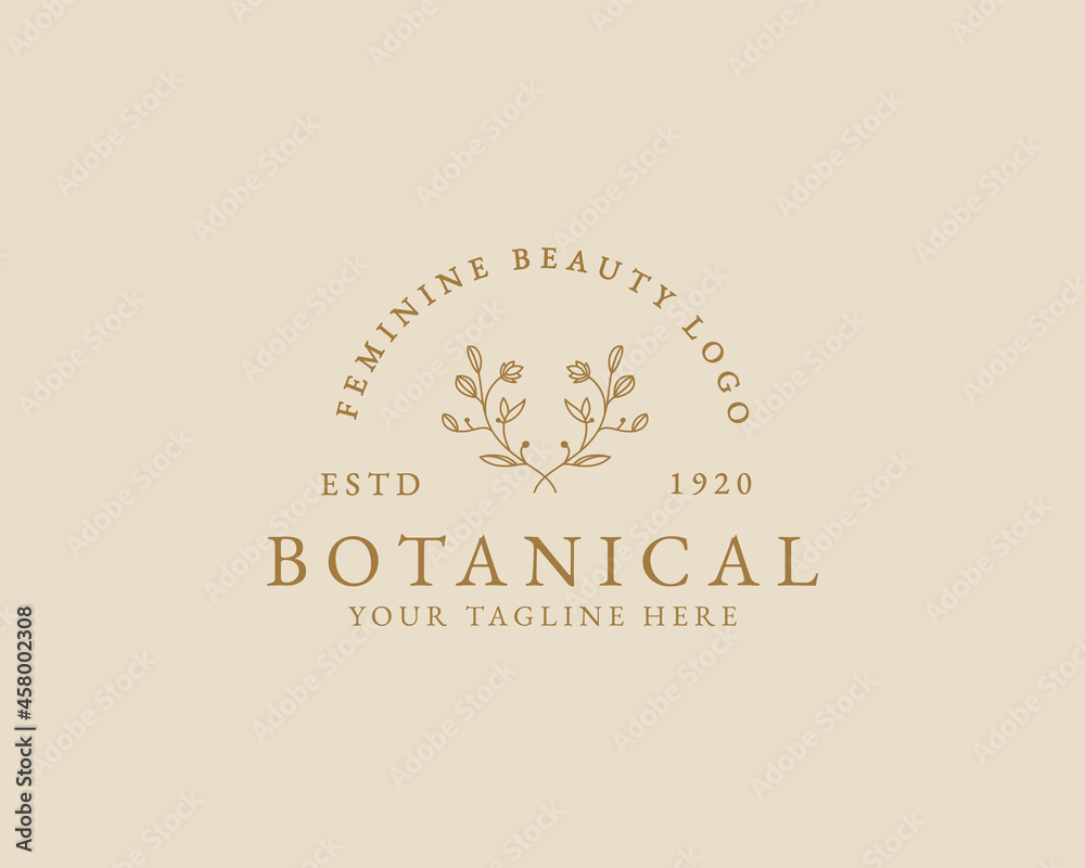 Botanical Hand Drawn Logo with Wild Flower and Leaves. Logo for spa and beauty salon, boutique, organic shop, wedding, floral designer, interior, photography, cosmetic. Floral element