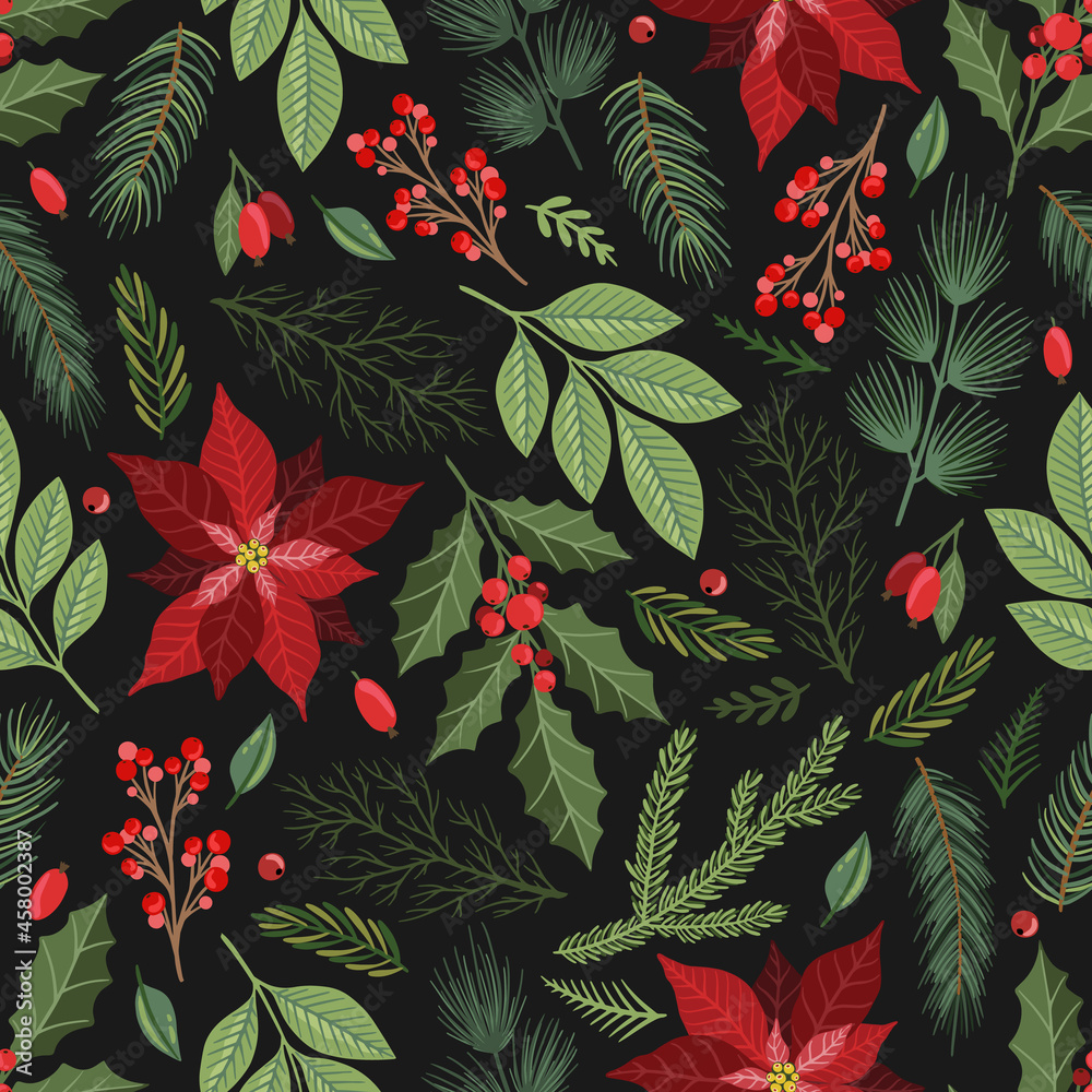 Seamless pattern with hand drawn poinsettia flowers and floral branches and berries, christmas florals.