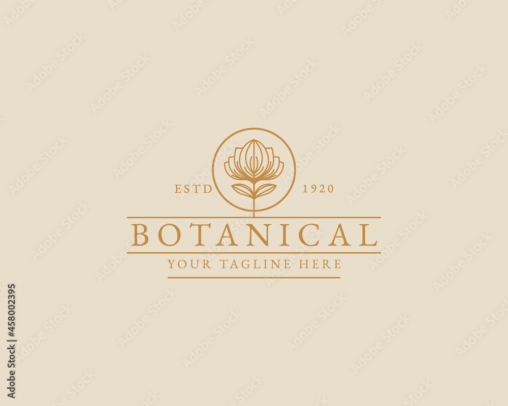 Fototapeta premium Botanical Hand Drawn Logo with Wild Flower and Leaves. Logo for spa and beauty salon, boutique, organic shop, wedding, floral designer, interior, photography, cosmetic. Floral element